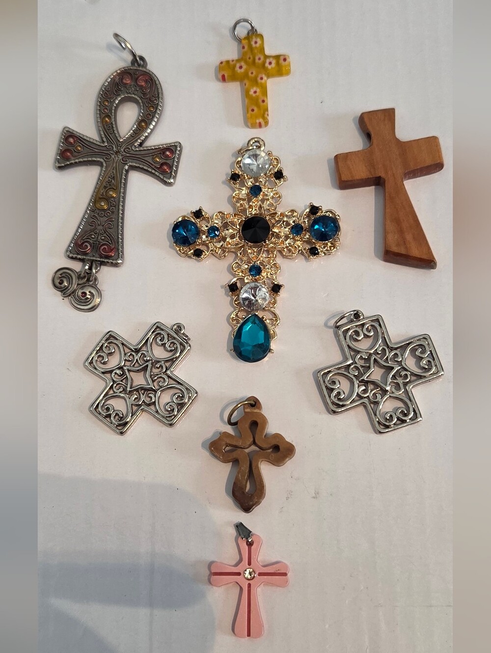 Assorted Decorative Cross Pendant Collection - Blue, Silver, Wood, Pink